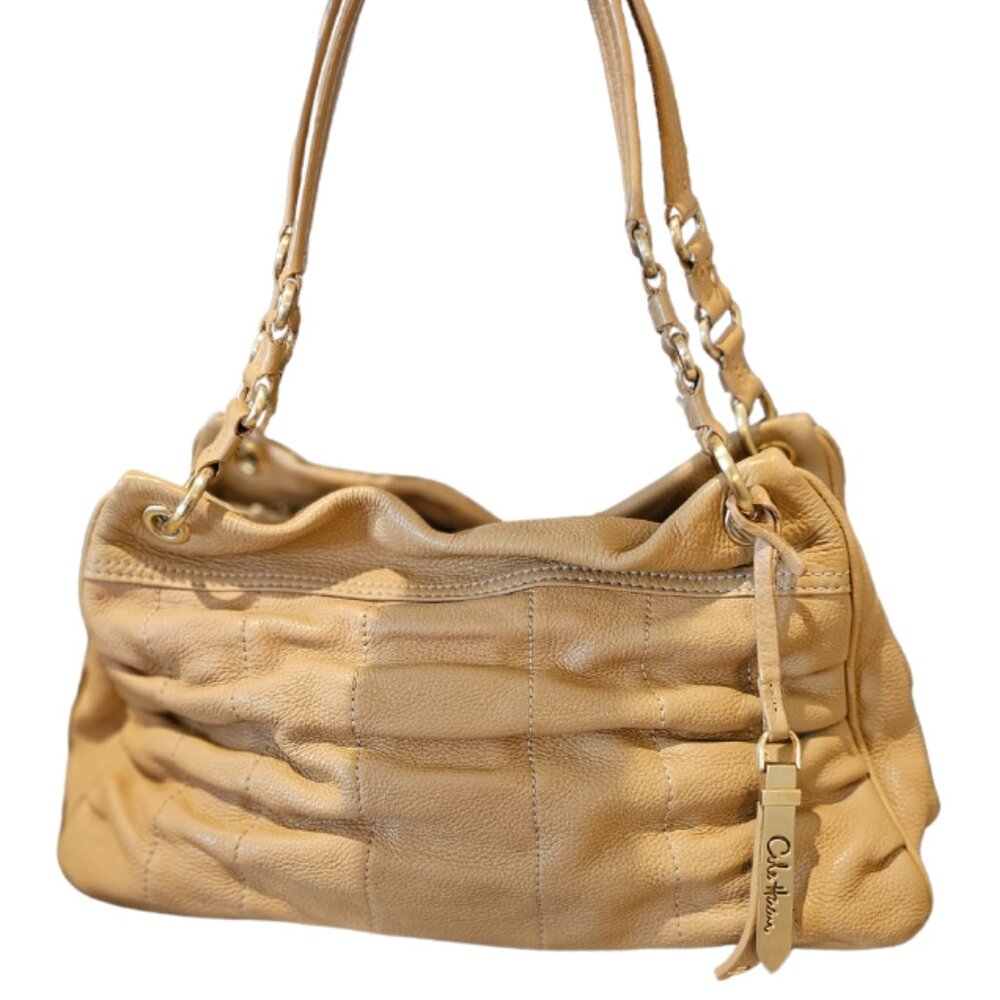 COLE HAAN Ruched Pebble leather top zip East West Shoulder Bag Beige w gold hw